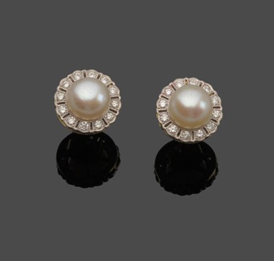 Lot 638 - A Pair of 18 Carat Gold Cultured Pearl and Diamond Cluster Stud Earrings, the cultured pearls...