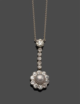 Lot 640 - An Early 20th Century Diamond and Pearl Pendant, old brilliant cut diamonds in a line drop...