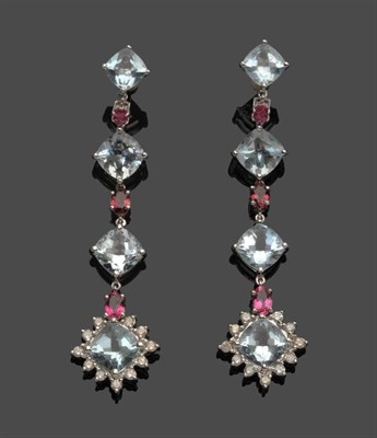 Lot 645 - A Pair of Aquamarine, Pink Tourmaline and Diamond Drop Earrings, cushion cut aquamarines...