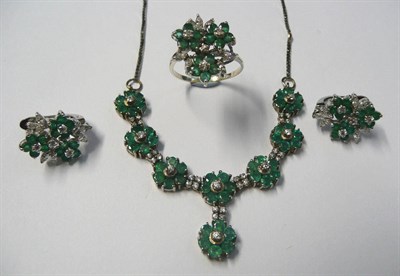 Lot 651 - A Pair of Emerald Cluster Earrings, round brilliant cut emeralds and marquise cut and round...