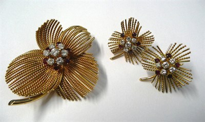 Lot 652 - An 18 Carat Gold Brooch and Earring Set, of spray floral design, comprising rope twist and...