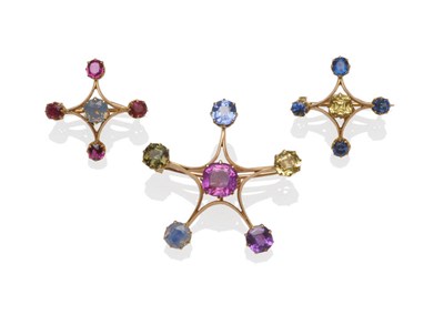 Lot 653 - A Late 19th/Early 20th Century Suite of Three Corundum Brooches, the star shaped brooches each...
