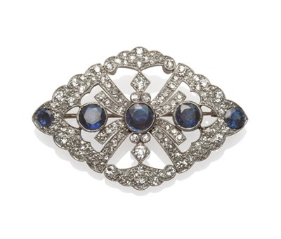 Lot 658 - A Sapphire and Diamond Brooch, the lozenge openwork shape set with graduated round brilliant...