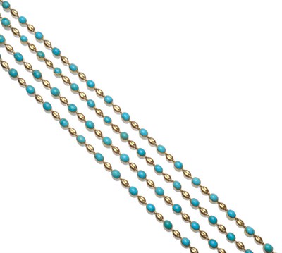 Lot 660 - A Turquoise Muff Chain, possibly Russian, circa 1900, cabochon oval turquoise stones in collet...