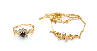 Lot 70 - A 9 carat gold diamond necklace, length 40cm and a 9 carat gold sapphire and diamond cluster...