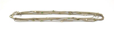 Lot 74 - A green and white stone six chain necklace, stamped '14K', length 40cm