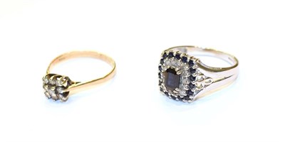 Lot 75 - A 9 carat gold sapphire and diamond cluster ring, finger size P and a 9 carat gold diamond...