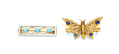 Lot 83 - A gem-set butterfly brooch, unmarked, length 3.2cm and an enamel and turquoise brooch, stamped...