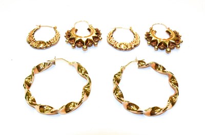 Lot 87 - Three pairs of 9 carat gold hoop earrings, various designs