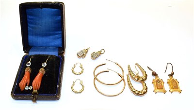 Lot 102 - A pair of 9 carat gold hoop earrings, two 9 carat gold boxing glove charms, two pairs of...