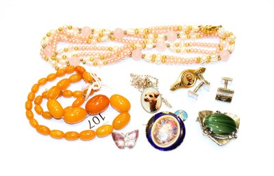 Lot 107 - A small quantity of jewellery including a faux amber necklace, enamel brooches (a.f.), a pair...