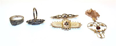 Lot 108 - A garnet pendant on chain, pendant length 4.2cm, chain length 45.5cm, a 9 carat gold garnet and...