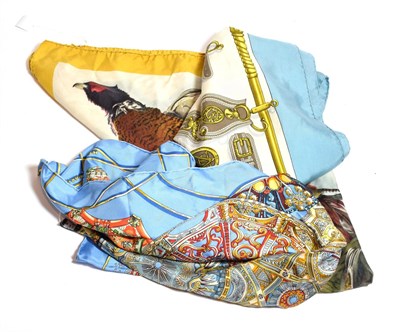 Lot 157 - Hermes silk scarf Les Domes Celestes with a corn flower blue ground, another Harness Des Presidents