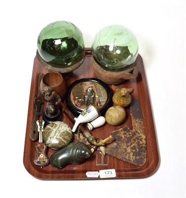 Lot 173 - An interesting group lot including earthenware bowls, glass floats, a small bronze figure of a...