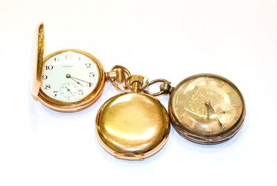 Lot 207 - A silver open faced pocket watch and two gold plated full hunter pocket watches signed Elgin...