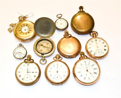 Lot 209 - Seven plated pocket watches, silver lady's fob watch, nickel plated Royce lady's fob watch and...