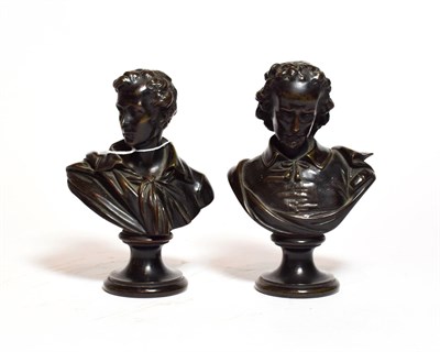 Lot 244 - Pair of late 19th century bronze busts of gentlemen, 18.5cm and 18cm high respectively