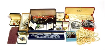 Lot 255 - A quantity of costume jewellery including simulated pearl necklaces, marcasite brooches, beaded...