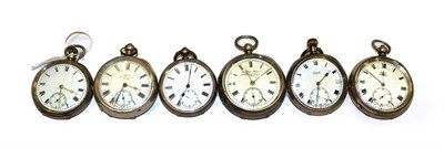 Lot 266 - Six open faced pocket watches, one English hall marked, the other five with Continental silver...