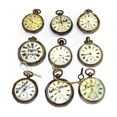Lot 276 - Nine open faced silver pocket watches, some stamped with English hall marks and Continental...