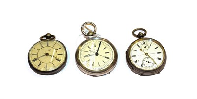 Lot 284 - A silver open faced pocket watch with power reserve indication and two silver chronograph...