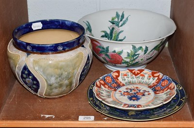 Lot 295 - Royal Doulton jardiniere (opening 17.5cm, 17.5cm high), Royal Doulton plate, Imari plate and a...