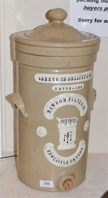 Lot 296 - A stoneware water filter, Mawson filter Co, Newcastle on Tyne, 50cm high with cover