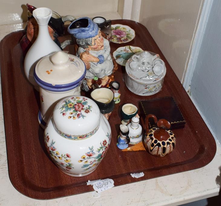 Lot 299 - A tray of ceramics including a Lea Stein Deco style brooch, Coalport, Ridgway, Royal Doulton, etc