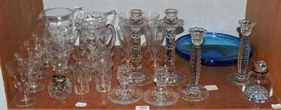 Lot 303 - Shelf of glass ware, including the pairs of candlesticks, wine glasses, water jugs and four...