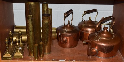 Lot 318 - A 19th century cast two door stops, three copper kettles, pair of andirons, two weather vain...