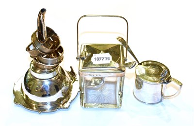 Lot 328 - A silver and glass sugar jar, lift action lid, Goldsmiths & Silversmiths Co together with...