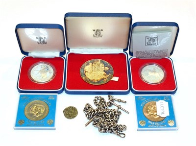 Lot 335 - Two silver watch chains and a quantity of commemorative coins and one copy of an early coin (qty)