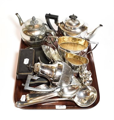 Lot 371 - A collection of silver and silver plate, the silver comprising: a brush-set; a pair of pepperettes