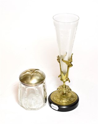 Lot 393 - German cut-glass jar with 800 mount lid, a Victorian brass base vase with engraved glass...