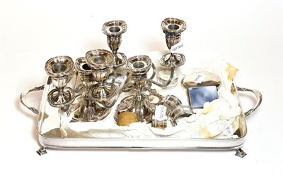 Lot 397 - A collection of silver and silver plate including boxes, a tray and a pair of candelabra (qty)