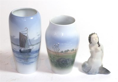 Lot 422 - Two Copenhagen vases and a Copenhagen mermaid figure, 12cm high (3)