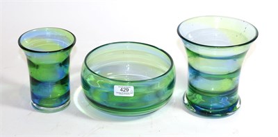 Lot 429 - Two 1930's Steven and Williams (Royal Brierley) rainbow glass vases and a bowl, with blue and green