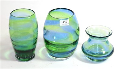 Lot 435 - Three 1930's Steven and Williams (Royal Brierley) Rainbow Glass Vases, with blue and green...