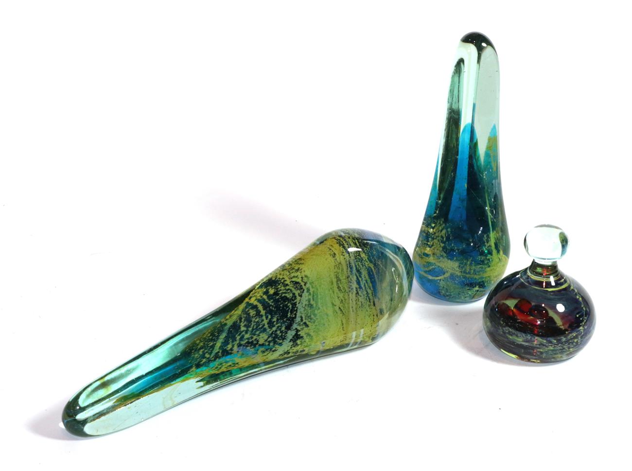 Lot 437 - Two large Mdina glass obelisk paperweights, in blue, green and yellow, unmarked, 24cm and 33cm...