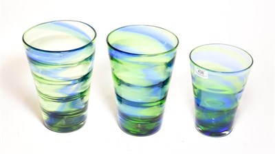 Lot 438 - Three 1930's Steven and Williams (Royal Brierley) Rainbow Tumbler Glass Vases, with blue and...