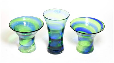 Lot 440 - Three 1930's Steven and Williams (Royal Brierley) Rainbow Glass Vases, with blue and green...