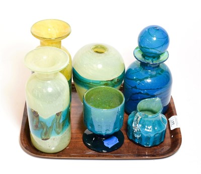 Lot 441 - Six pieces of Mdina glass, including vases, a bottle and stopper, goblet and a jug, three...