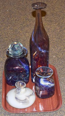 Lot 442 - Five pieces of Mdina glass, in brown, amber and white, including vases, a bottle and stopper,...