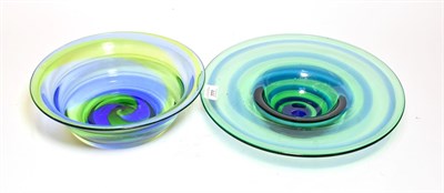 Lot 444 - Two 1930's Steven and Williams (Royal Brierley) Rainbow Glass Bowls, with blue and green spiral...