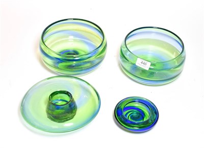 Lot 446 - Four 1930's Steven and Williams (Royal Brierley) Rainbow Glass Bowls, with blue and green...