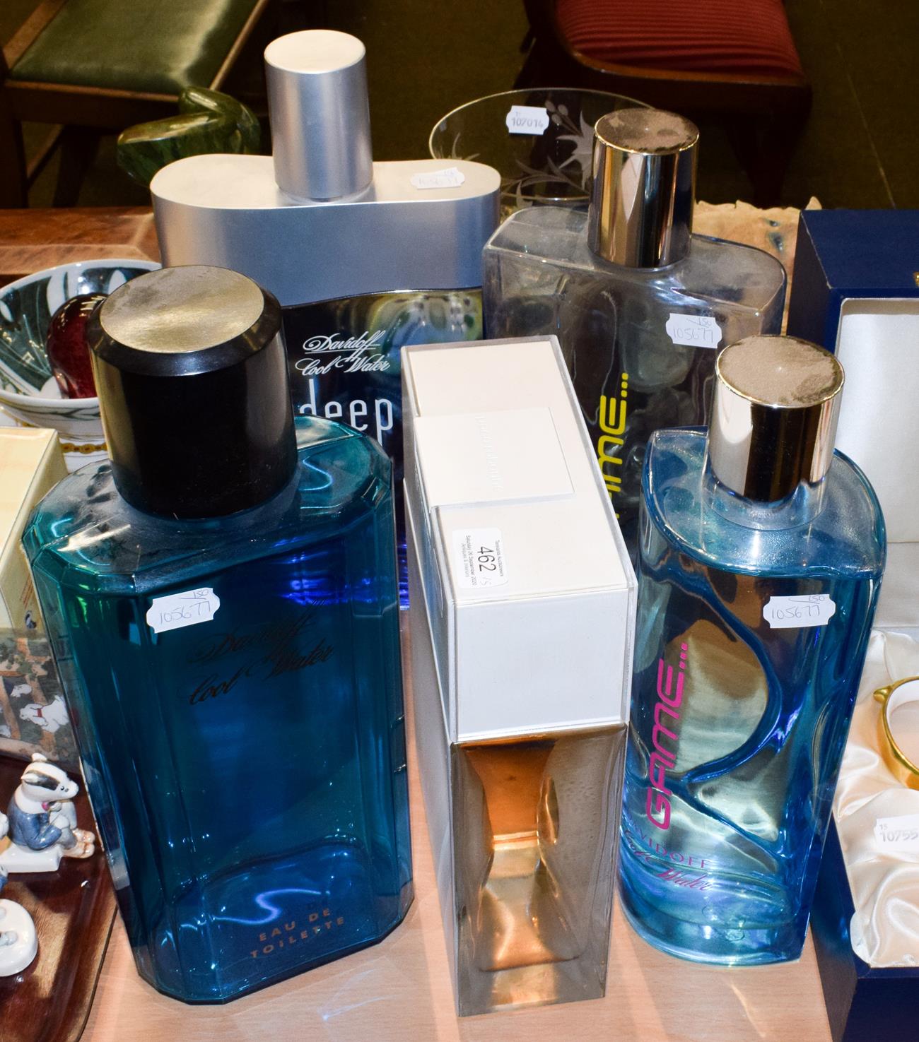 Lot 462 - Gents dummy factice bottles comprising Paco Robanne Pour Homme, four Davidoff blue glass...