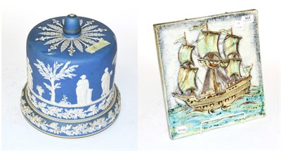 Lot 464 - A Karlsruhe ceramic tile, square and with a ship in relief, 32cm square, Together With: a...