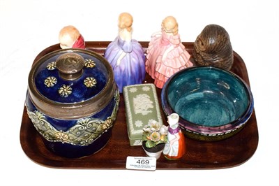 Lot 469 - Royal Doulton comprising a Lambeth stoneware silver mounted jar and cover and three figures,...