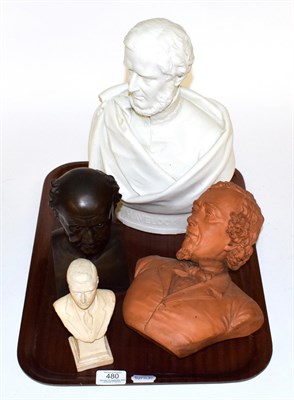 Lot 480 - A 19th century Parian wear bust of a gentleman, a terracotta bust after A.Bentley. Sc.1878, a...