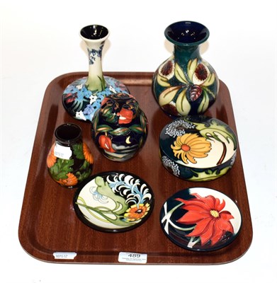 Lot 489 - Seven pieces of modern Moorcroft pottery including vases, ginger jar and cover, powder bowl and...